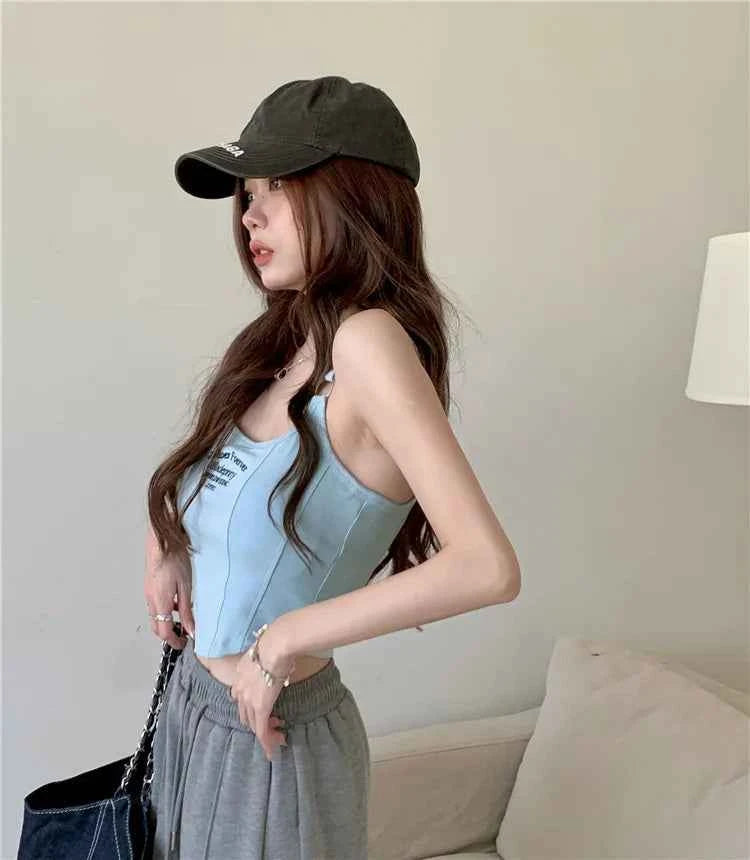 Women Crop Top Summer Y2K Lrregular Hem Slim Tank Tops Casual Sexy Female White Streetwear Letter Tank Tops With Pad Woman