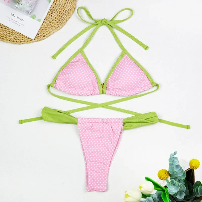 Bikinis Women Swimsuit Vintage Contrast Print Patchwork Design Sense Push Up Bikini Set Bathing Suit Swimming Beachwear 2 Piece