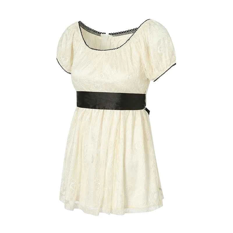 Xingqing 2024 Sweet Fairy Grunge Lace A Line Dresses Summer Women Patchwork Puff Sleeve Kawaii Dress 2000s Aesthetic Outfits