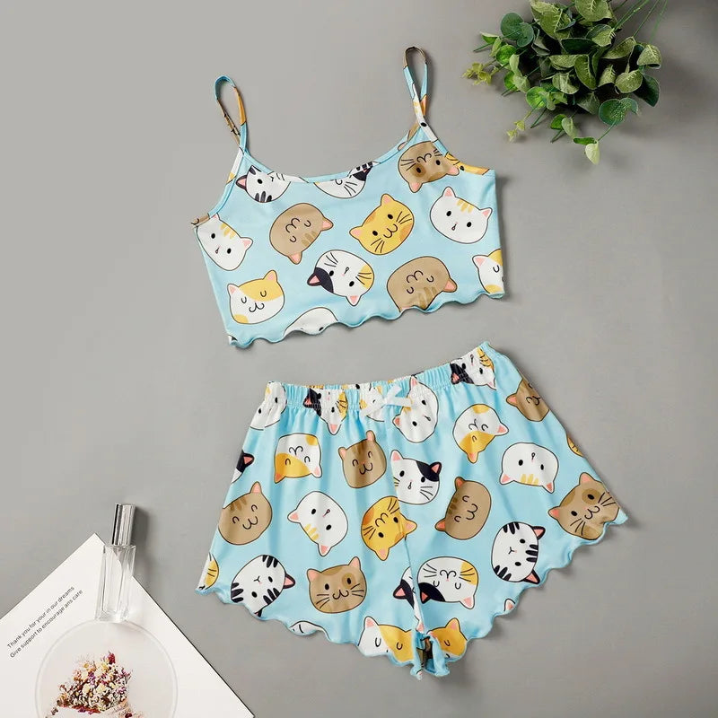 Summer Silk Satin Pyjama Pajamas for Women Sexy Sleepwear Sling Top Shorts Pajama Set Cartoon Pattern Printing 2-Piece Homewear