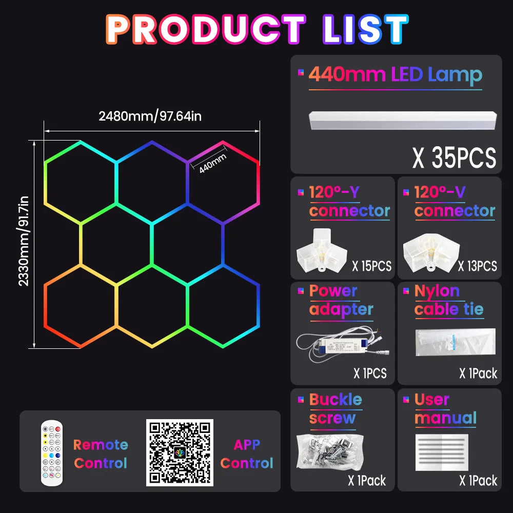 Smart hexagonal honeycomb RGB ambient tube light DIY modular splicing plug and play color lamp 85V-265V phone APP & remote control support timing shutdown music sync mode brightness and color adjustable, ideal for gaming room