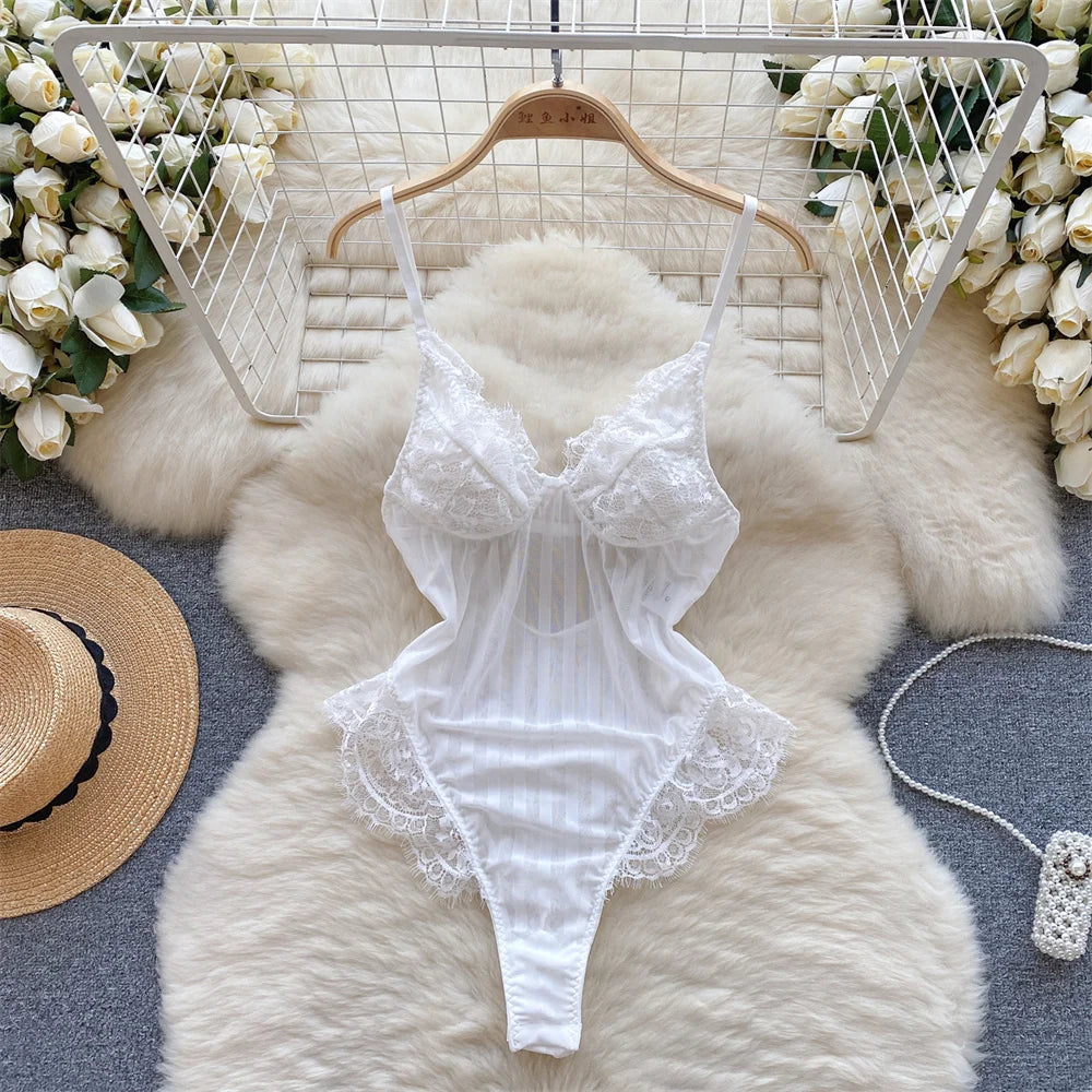 Women's V-neck Sexy Elegant Lace Camisole Jumpsuit Hollowed Transparent Tight Fitting Pajama Adjustable Shoulder Straps Hotsweet