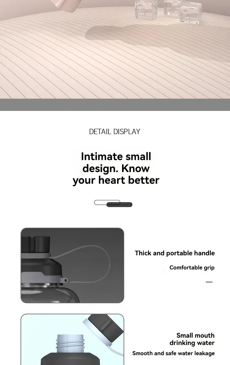 Large-capacity portable water bottle, made of high-transparency, drop-resistant PC material, with a leak-proof handle.