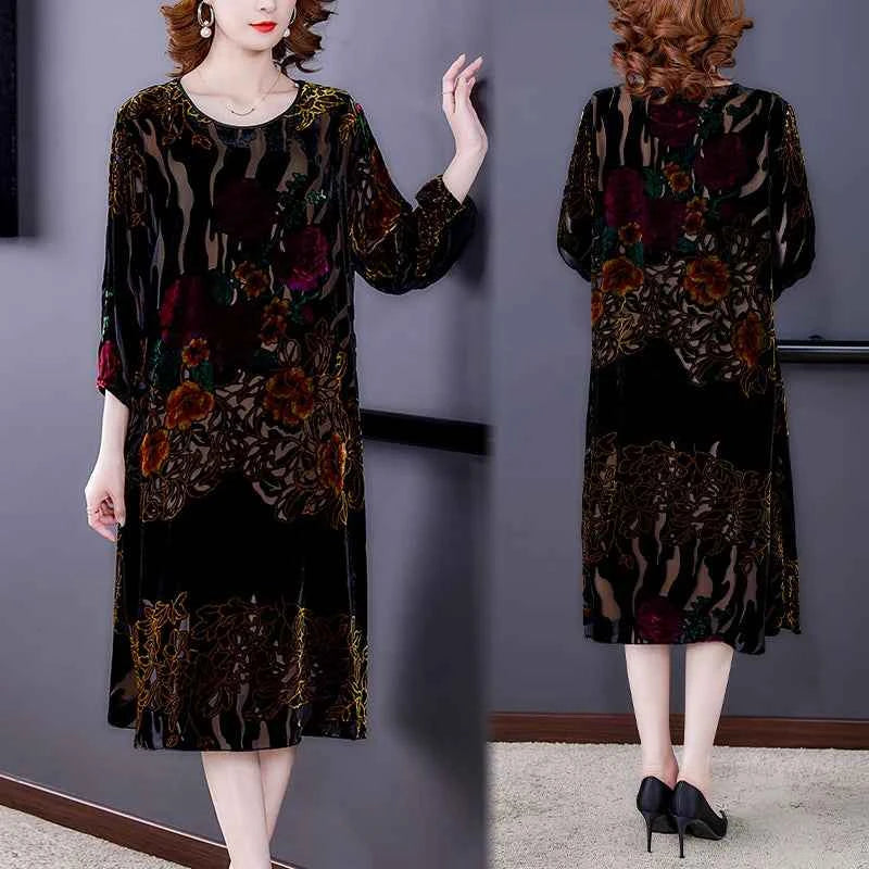 Large Size Gold Velvet Dress Women's Autumn New High-End Mulberry Silk Burnt Flower Dress Luxurious Temperament Vestidos
