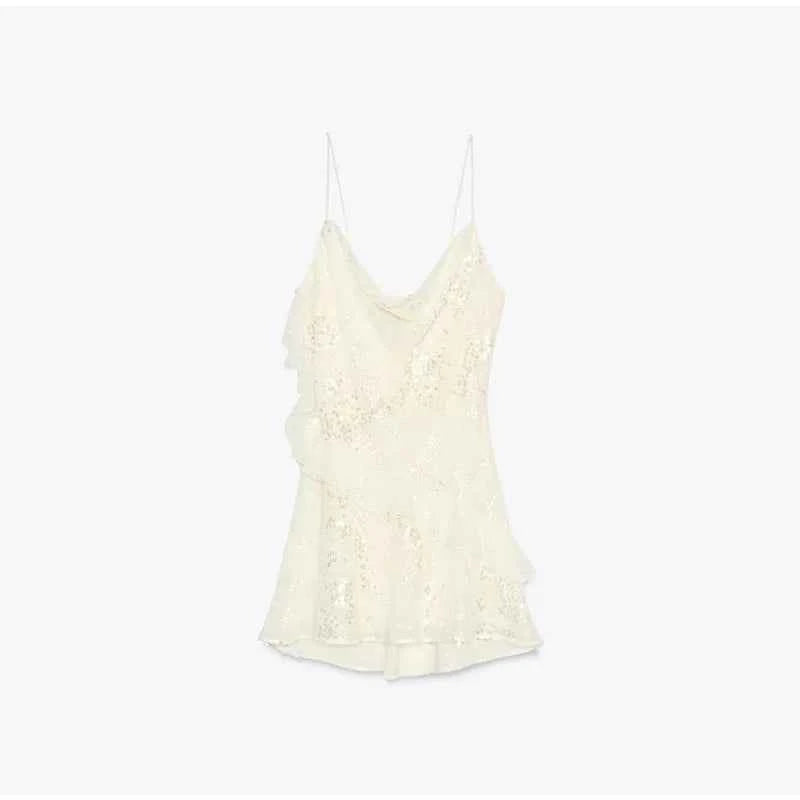Glitter Flounce Mini Dress Woman Cinched Waist Sleeveless A-Line Halter Dresses Sexy Chic Women's Fashion Summer Short Dresses