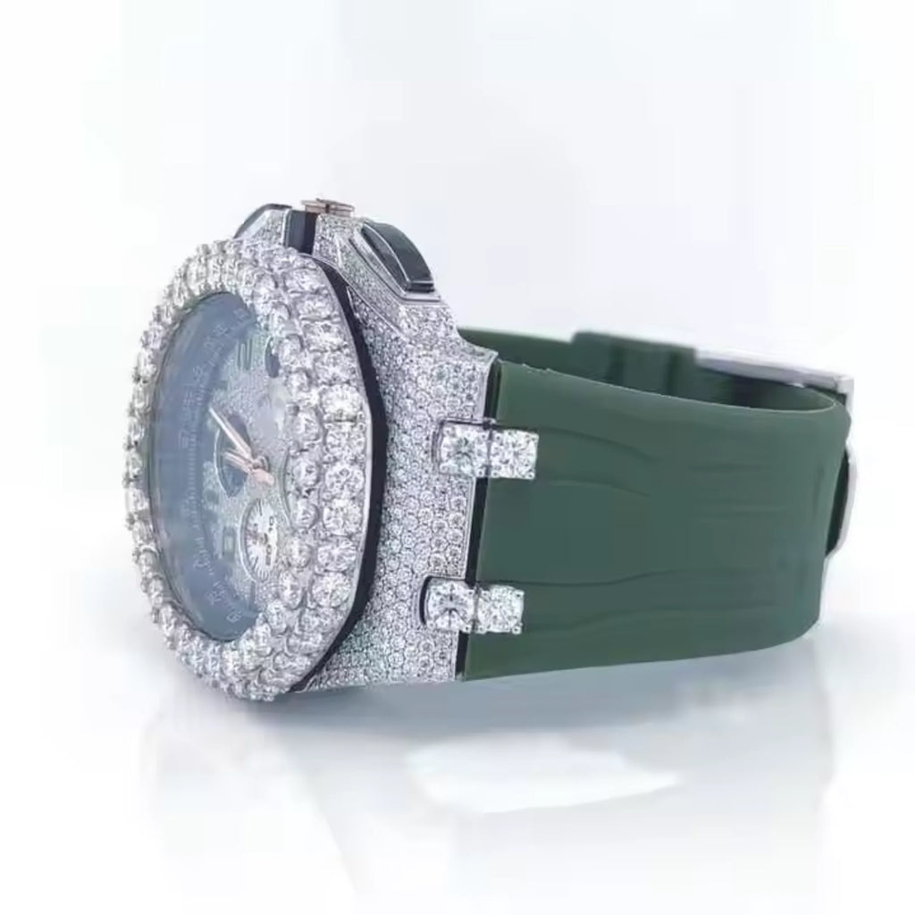 Luxury Hip Hop Diver Watch Three Sub Dial Iced Moissanite Diamond Square Stainless Steel Glass Dial Window Rubber Strap Sport
