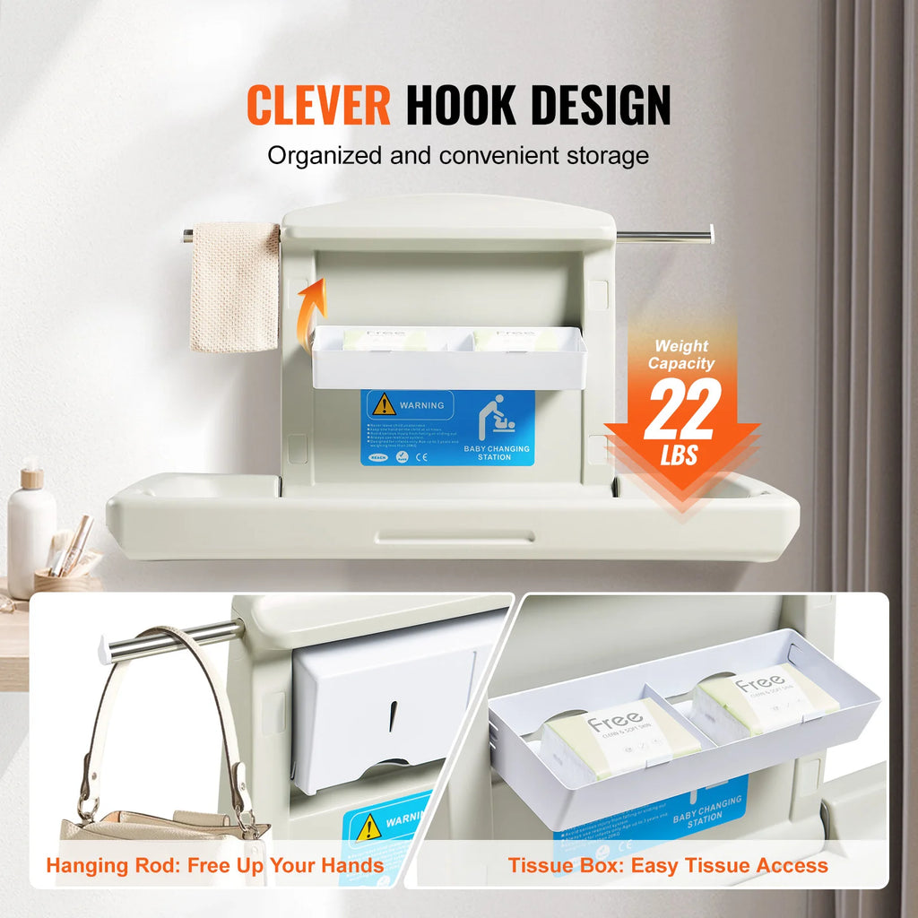 SucceBuy Wall-Mounted Baby Changing Station Horizontal Foldable Diaper Change Table Safety Straps and Hanging Rods for Newborns