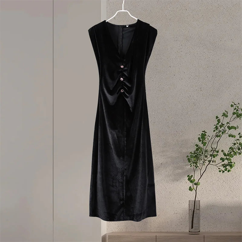 Elegant Velvet Long Dress Women V Neck Sleeveless High Waist Shoulder Pad Dresses Female 2025 Fashion Evening Vent Dresses Lady