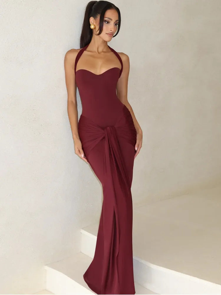 Sexy Backless Lace Up Halter Neck Maxi Dress Women Sleeveless Ruched Waist Draped Bodycon Dresses Party Evening Cocktail Robes