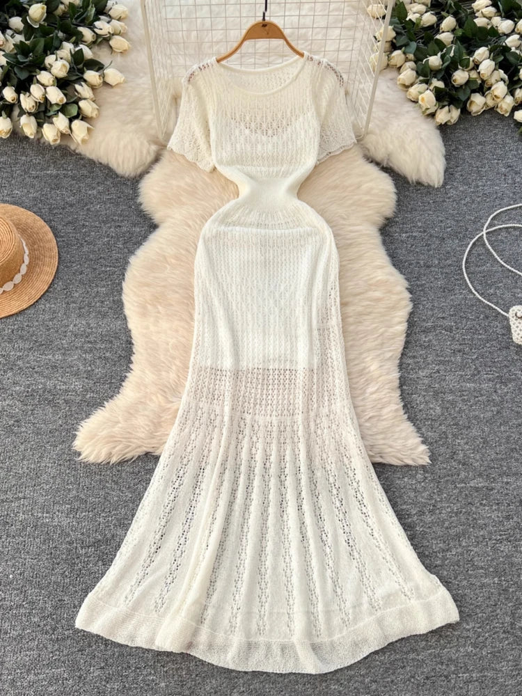 Women Hollow Knitted Dress Summer Flower Short Sleeved Fishtail Bodycon Dress with Camisole Dresses Vintage Party Long Robe