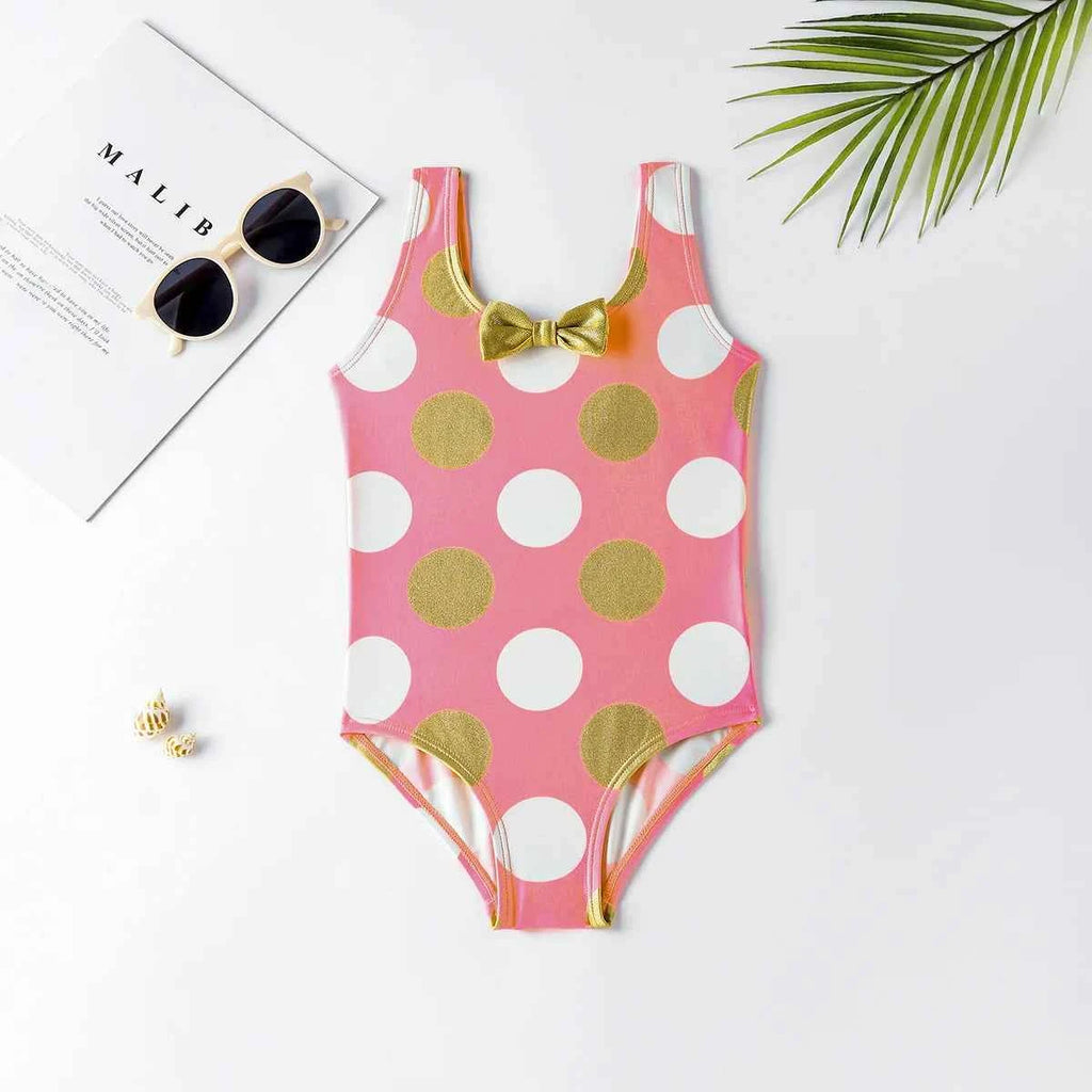 Girls' one-piece cartoon print swimsuit, children's polka-dot animal one-piece swimsuit with hollow back, beach wear