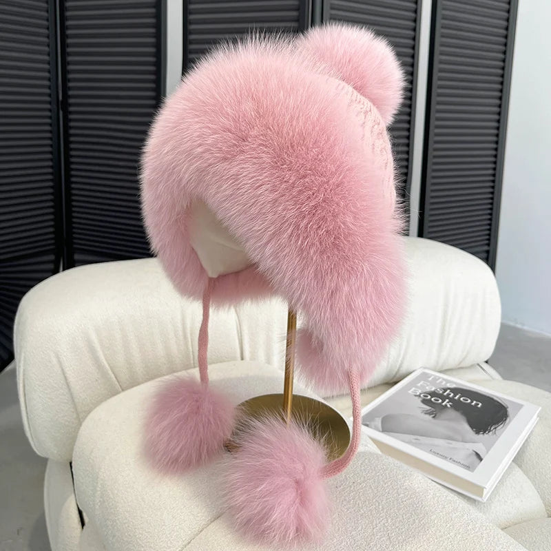 Winter Women Real Fox Fur Hat Fashion Casual Outdoor Warm Knitted Hats Girl Lovely 100% Natural Fox Fur Ear cap bomber caps