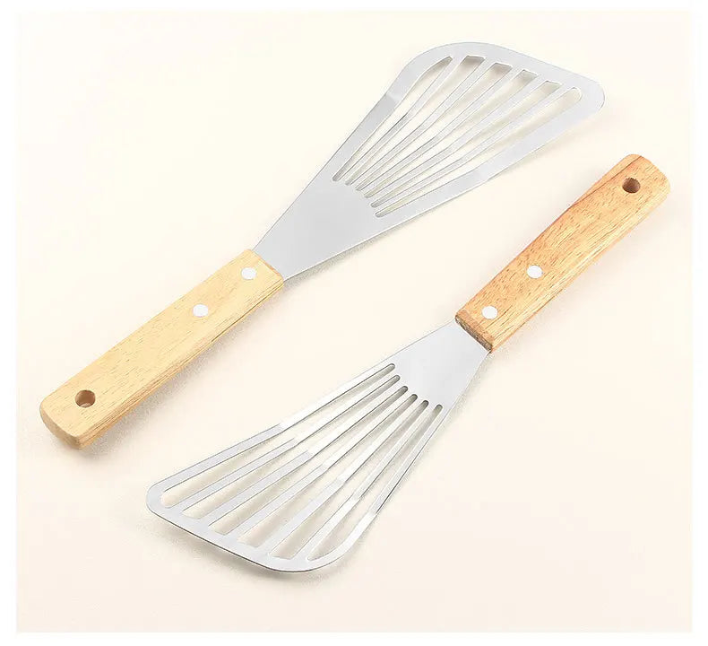 1PC Stainless Steel Fish Frying Shovel with Wooden Handle Fan-shaped Shovel Household High-temperature Frying Shovel