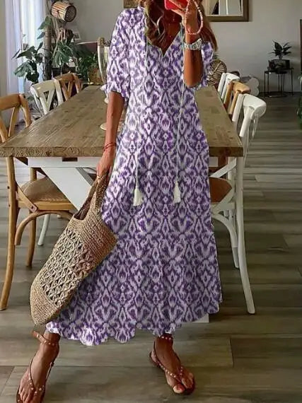 Loose V-neck printed hanging whisker mid sleeve long dress