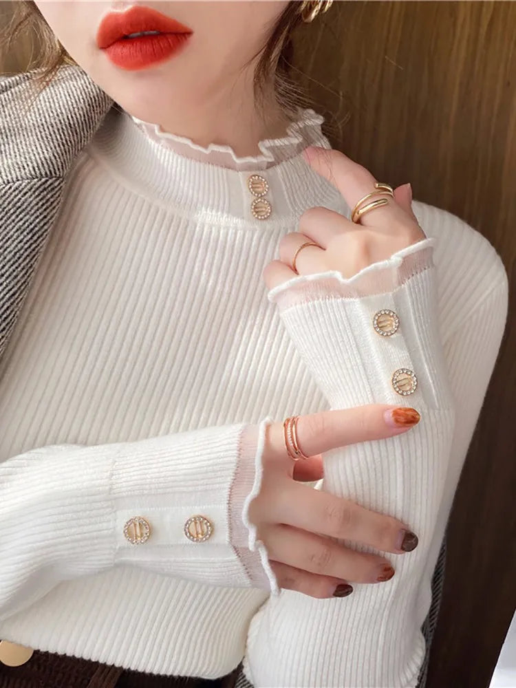 2026 Knitted Women Sweater O-neck Button Pullovers Autumn Winter Basic Sweaters for Female Pullover Slim Solid Bold Lace Tops