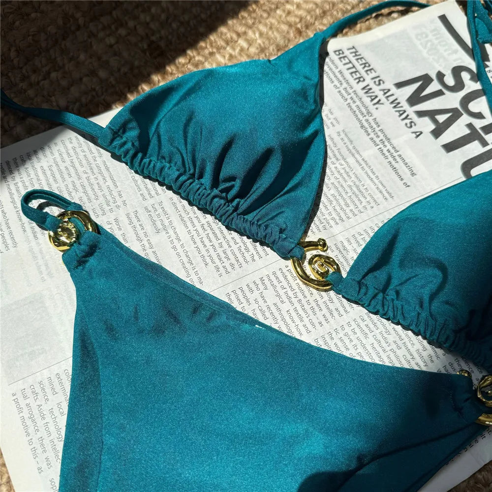 Solid Orange Swimwear Metal Ring String Halter Triangle Micro Bikini Thong Sexy Swimsuit Women 2026 Bathing Suit Bikinis Sets