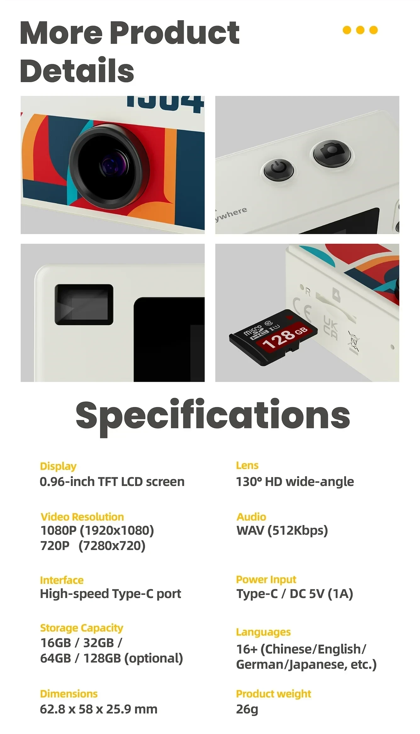 Thumb Camera 1080P FHD, 130° Wide-Angle Lens with AF Autofocus & Fill Light, Portable Mini Camera with TFT LCD Screen mini CCD