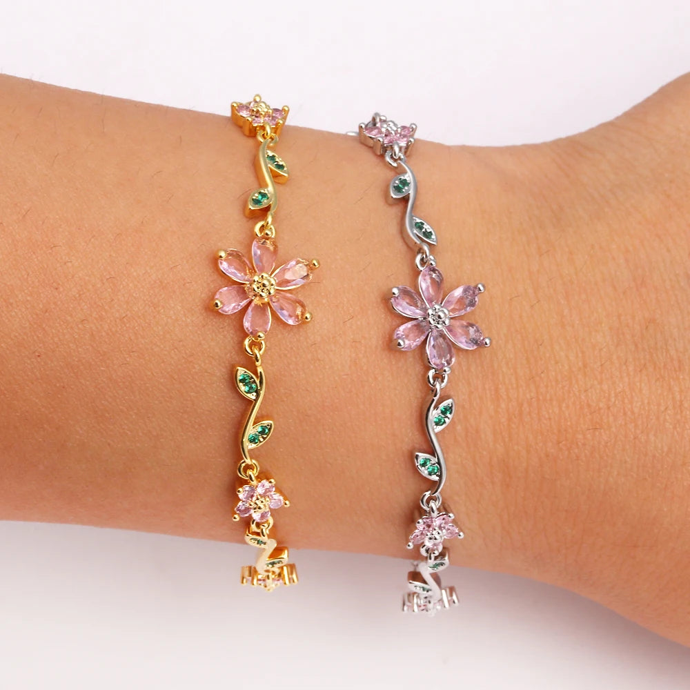 Luxury New Fashion Exquisite Green Leaf Flower Bracelet For Women Pink Cubic Zirconia Chain Shiny Rhinestone Bangle Jewelry