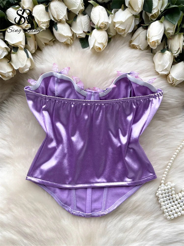 SINGREINY 3D Butterfly Satin Sexy Top European Sleeveless Fishbone Corset 2024 Female Senior Streetwear Hotsweet Strapless