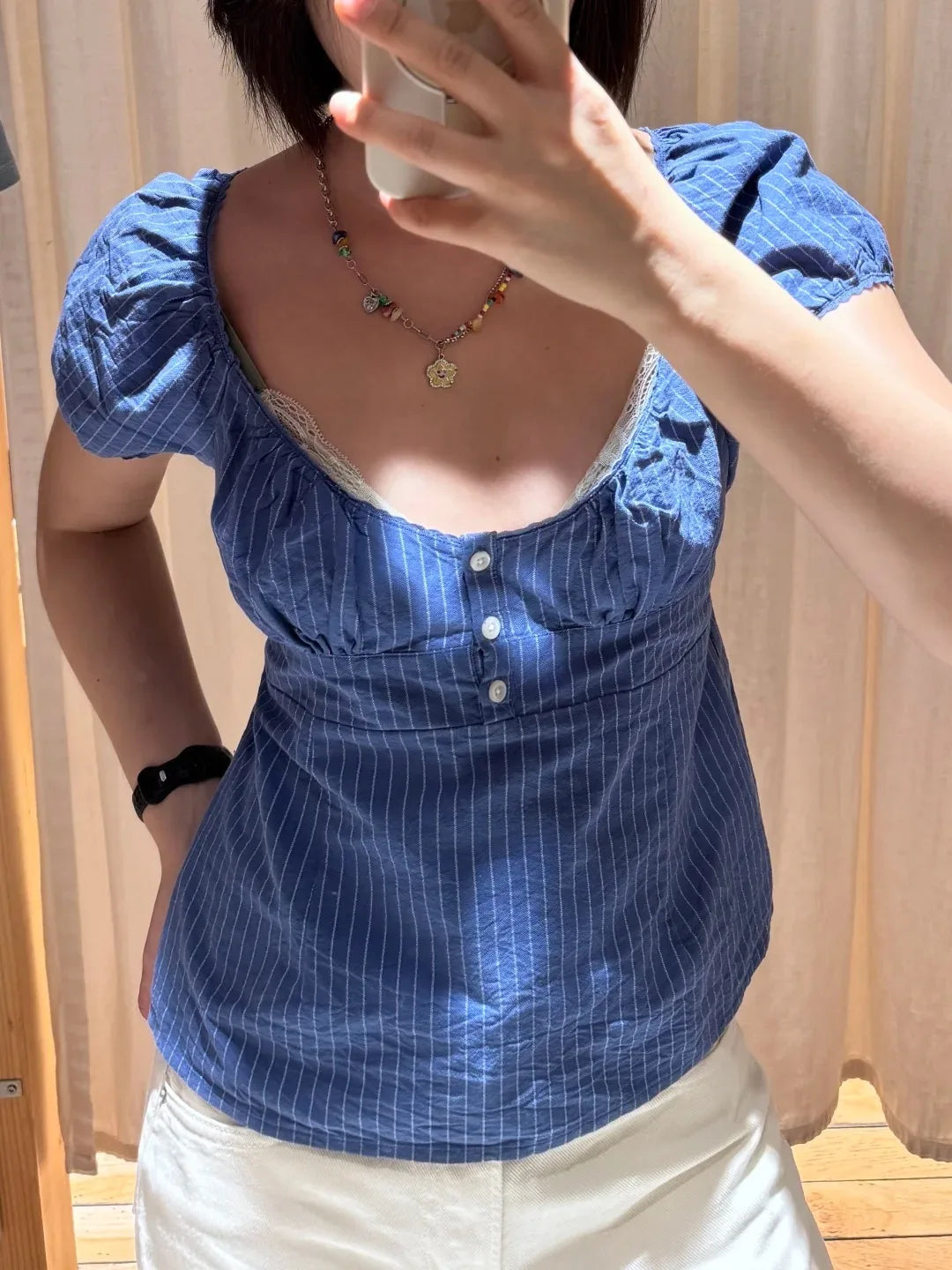 White Striped V-neck Buttons T-shirts Women New Casual Cotton Lace Trim Sexy Crop Tops Sweet Cute Preppy Style Blouse Tees Y2K