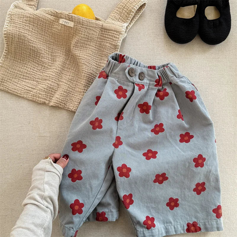 2026 Spring New Children Casual Pants Fashion Flower Print Girls Harem Pants Cotton Kids Loose Trousers Boys Cute Baby Clothes