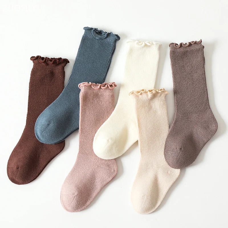 Autumn Baby Ruffle Girls Socks Knee High Cotton Long Sock Kids Soft Solid Toddlers Socks Children Princess Socks for 0-5Y Spring