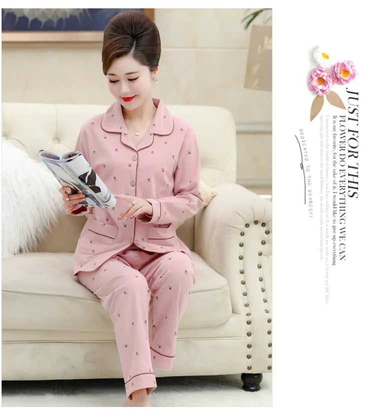 100% Pure Cotton Long Sleeve Sleepwear Set for Elderly Women Spring Summer Autumn Home Clothes Outwear Comfortable Home Suit