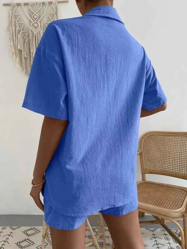 Women's Cotton Suit  Short Sleeve Casual Elegant Green Soild Two Piece Set Women Outfit Suit Shorts and Shirt for Women