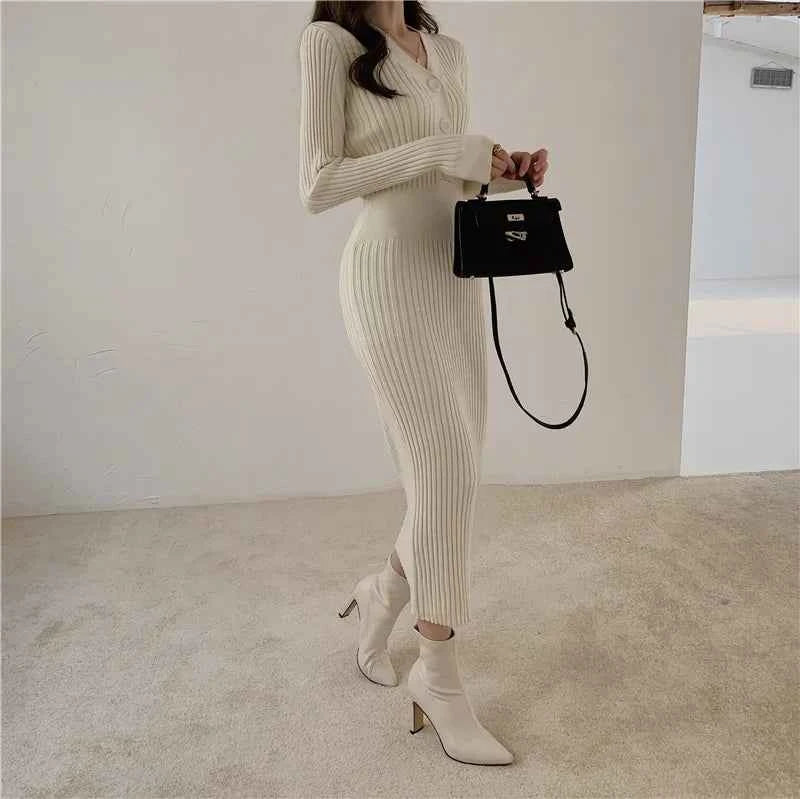 Autumn Winter Sweater Dress For Women 2024 New Arrivals Buttons Up V Neck High Waist Long Knitted Dress Korean Maxi Dresses