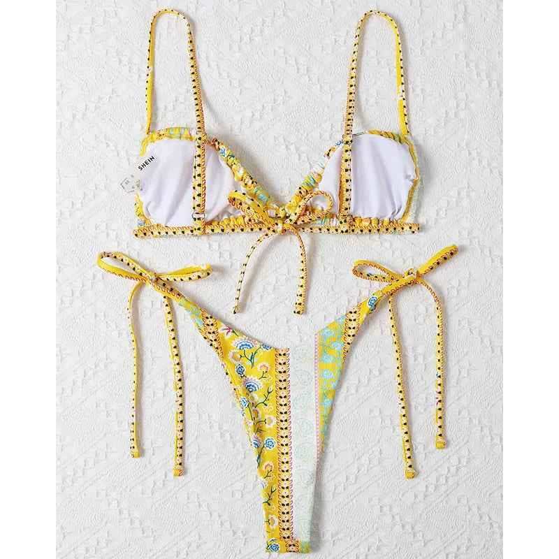 BIQIUYYI New Floral Print String Bandage Bikinis Triangle Cup Push Up Swimsuit Women Bathing Suit Beachwear Halter Swimwear XS