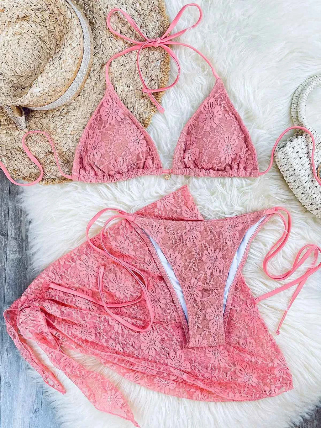 Lace Fabric Three-pieces Swimsuit Set With Sarong Bikini Inspired Women's Swimwear Beachwear Bathing Suit Vacay Outfit Biquini