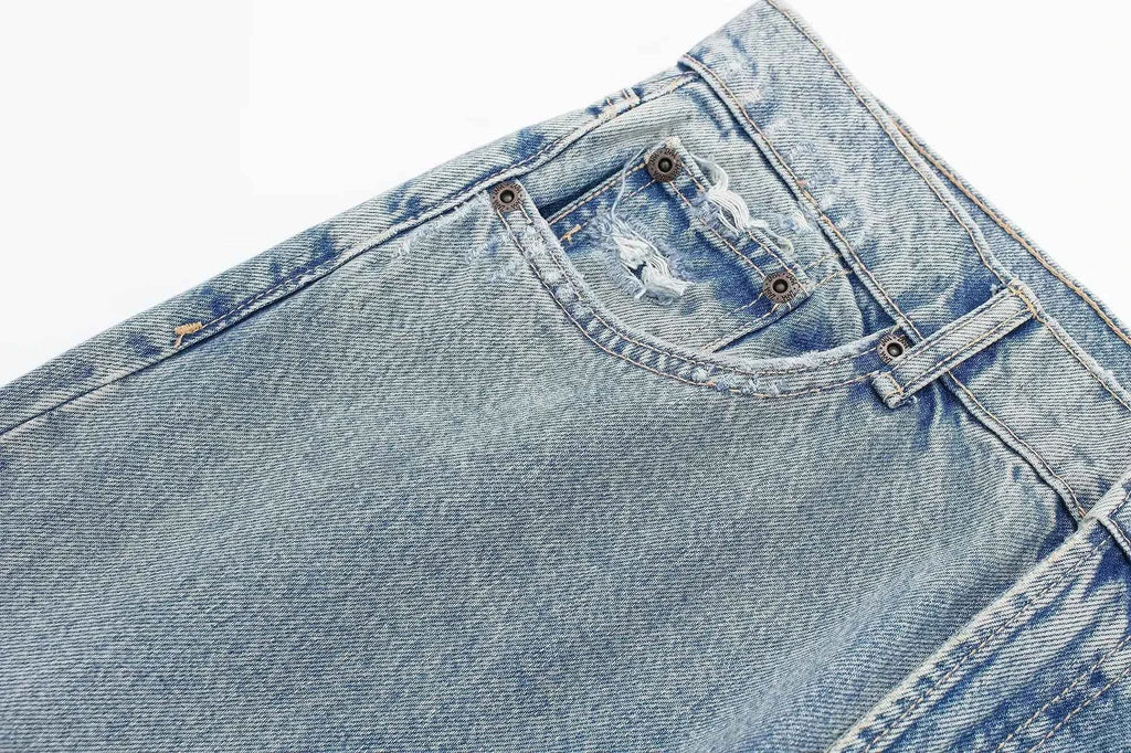 HH 2024 Women's Street Fashion Denim Blue Jeans Distressed Patchwork High Waist Zipper Fly Ripped Retro Long Pants