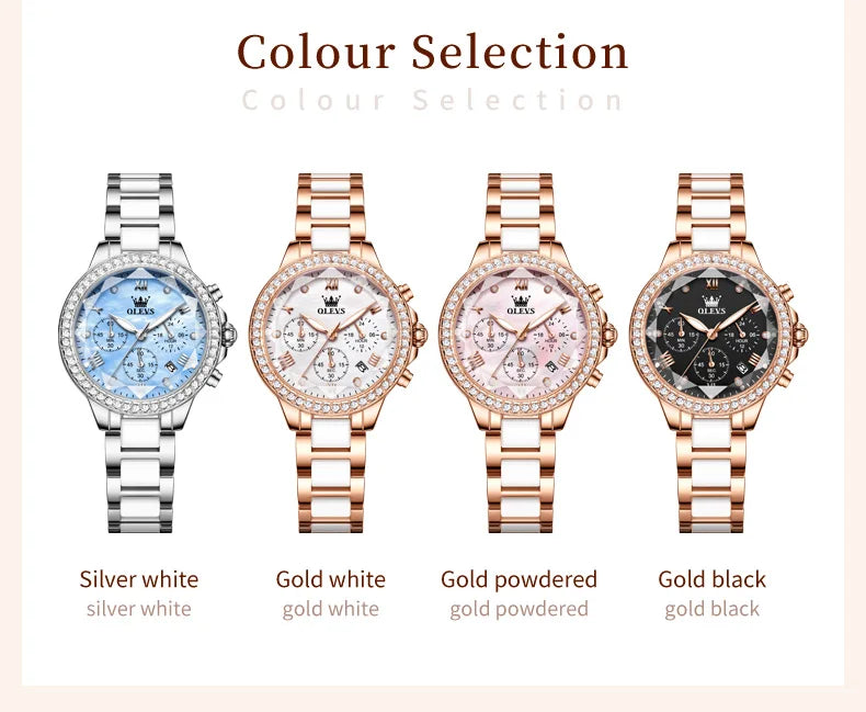 OLEVS 9999 Women Watch Brand Original Elegant Waterproof Chronograph Luxury Ceramic Dress Pink Women Quartz Watch Reloj Mujer