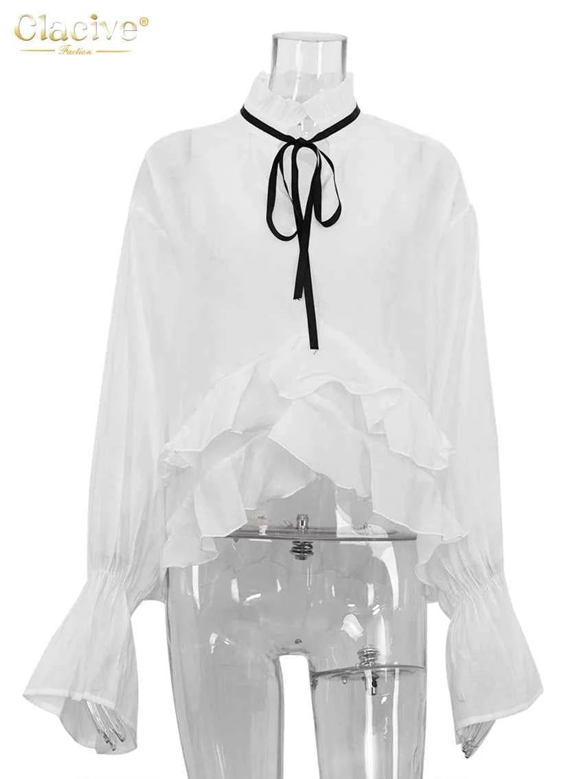 Clacive Sexy Loose White Women'S Shirt 2024 Fashion Ruffle Collar Long Sleeve Blouses Elegant See Through Top Female Clothing