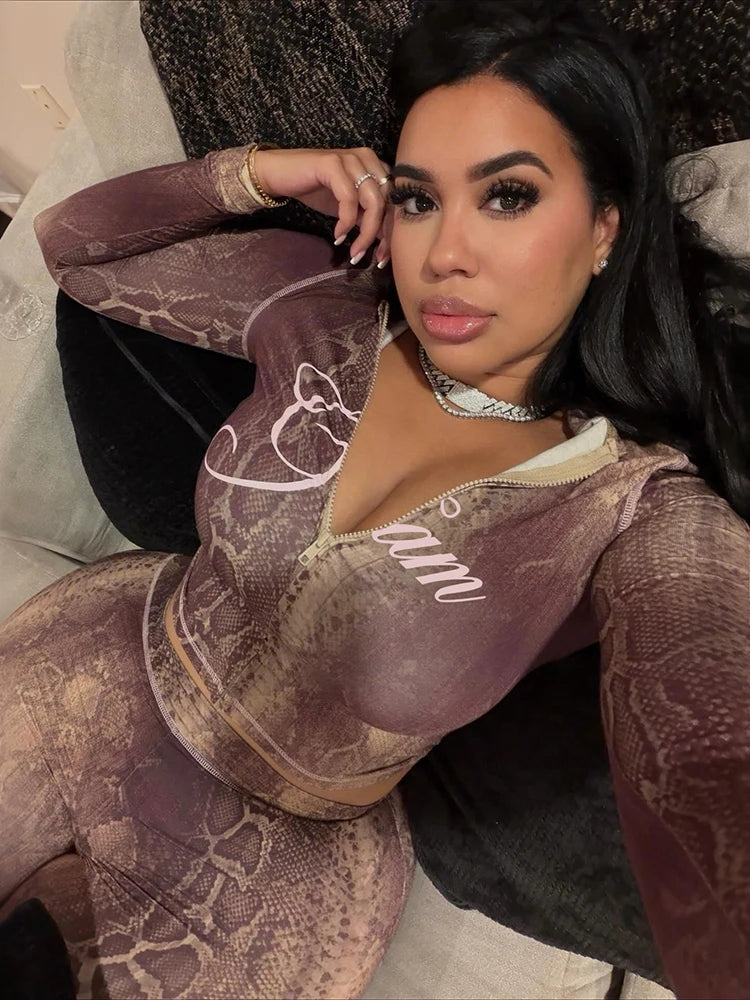Weird Puss Letter Snake Print Tracksuit 2-Piece Set Women Patchwork Zip Jacket+Pants Matching Casual Stretch Streetwear Outfits