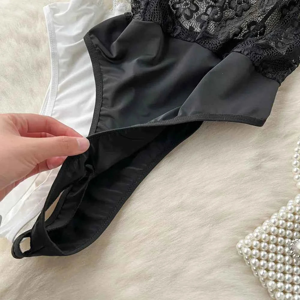 Women's V-neck Sexy Elegant Lace Camisole Jumpsuit Hollowed Transparent Tight Fitting Pajama Adjustable Shoulder Straps Hotsweet