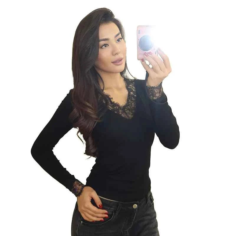 Women's V-neck Lace Splicing Top European American Style Autumn New Waist Exposed Umbilical Fashionable Casual Wear