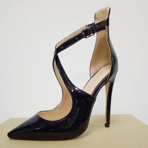 2025 New Baotou Buckle Stiletto High Heels European and American Lacquer Cross Strap Roman Cool Boots Large Size 33-46