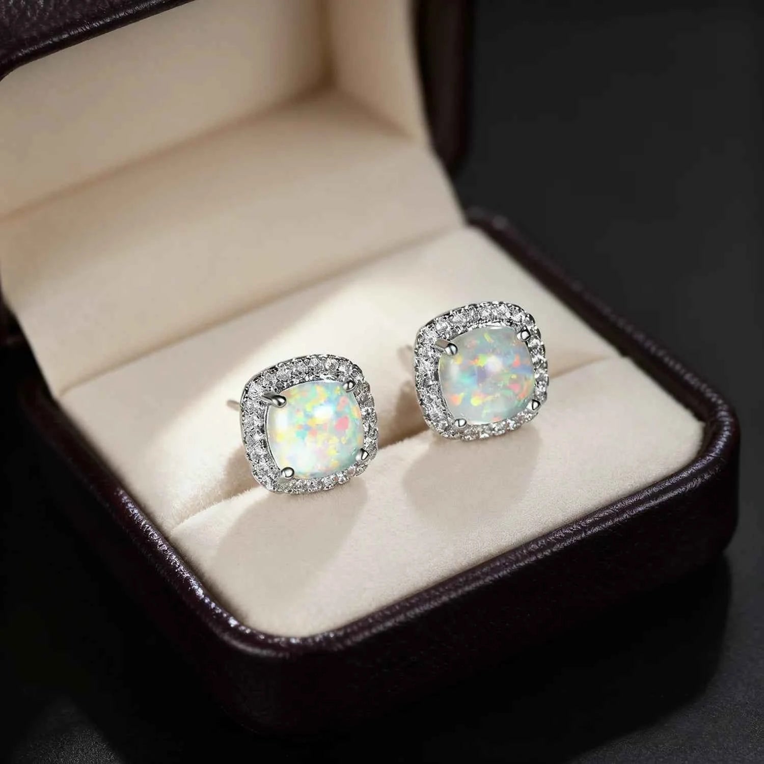Multi-Color Available Opal Stone & Zirconia Earrings,Elegant Square Opal Studs,Silver Color Daily Luxury Jewelry,Gift for Women