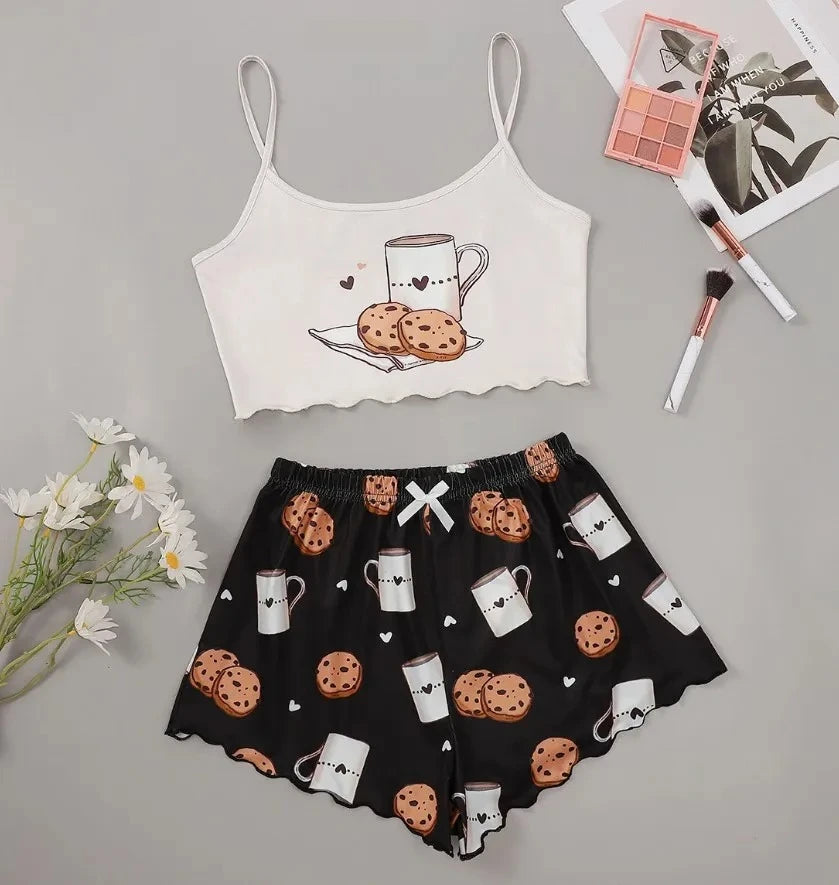 Summer Silk Satin Pyjama Pajamas for Women Sexy Sleepwear Sling Top Shorts Pajama Set Cartoon Pattern Printing 2-Piece Homewear