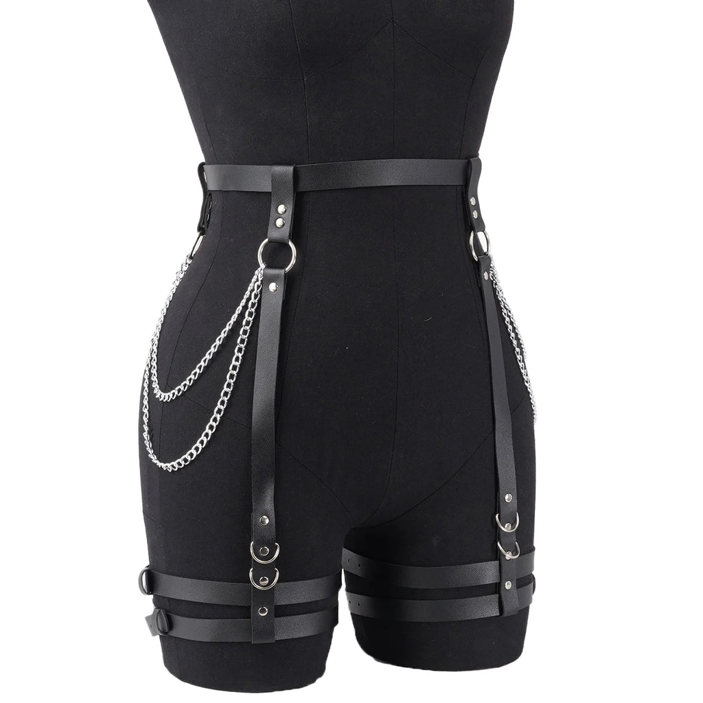 Harness PU Leather Women Chain Tassel Waist To Thigh Harness Punk Gothic Adjustable Body Accessory For Rave Party Festival Outfi
