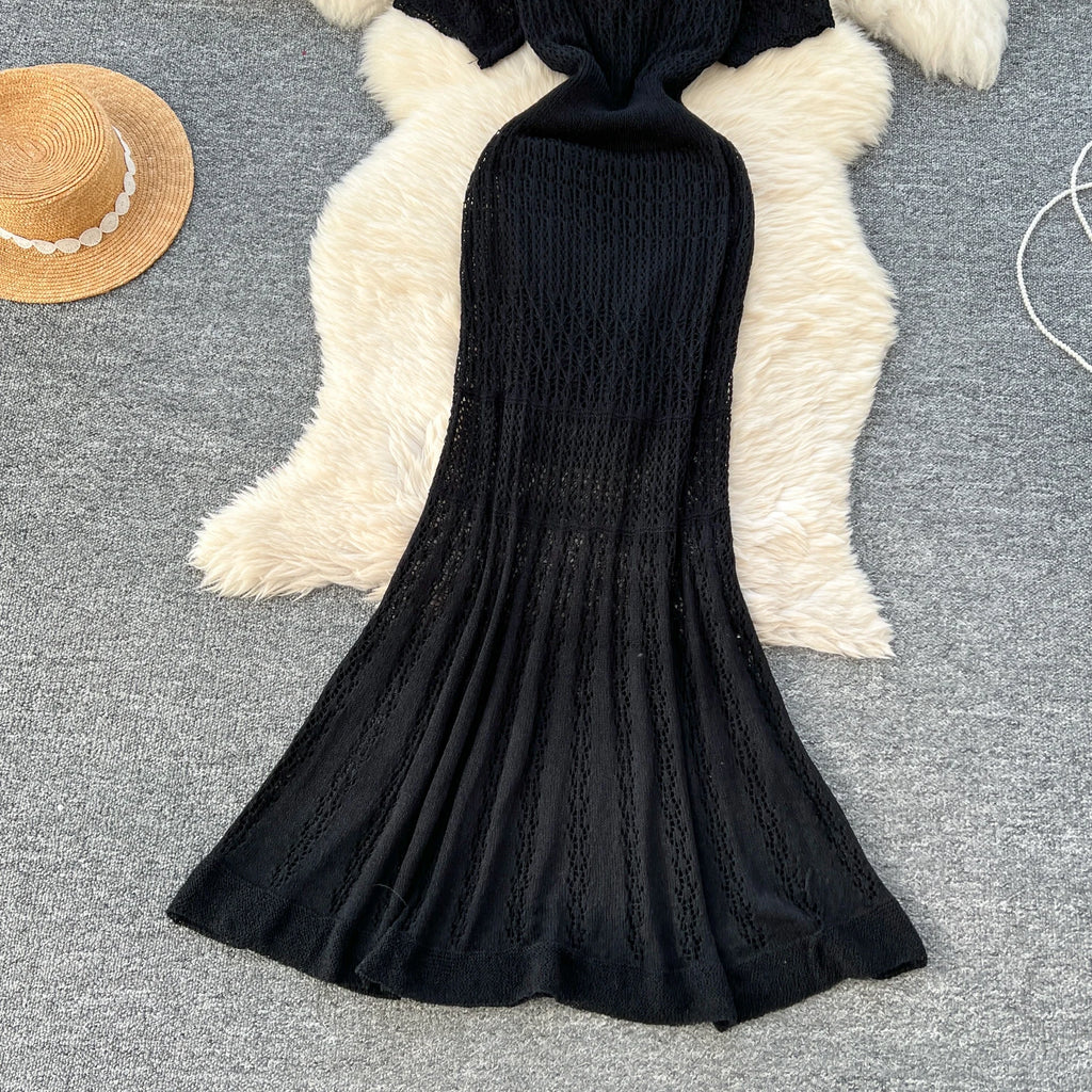Women Hollow Knitted Dress Summer Flower Short Sleeved Fishtail Bodycon Dress with Camisole Dresses Vintage Party Long Robe
