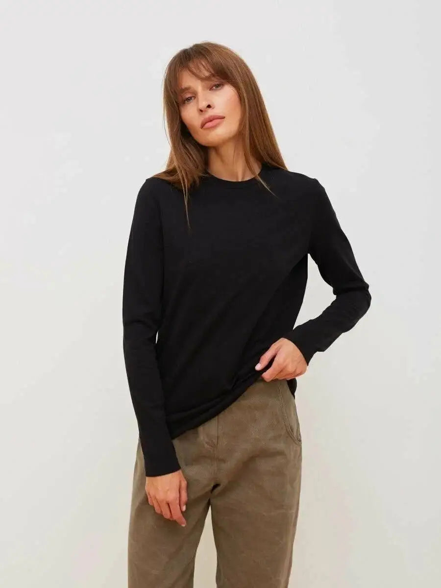 Wolfeel Women's Spring Autumn 100% Cotton T-shirt Bottoming Basic Solid Lady Long Sleeve Loose Tops Shirts Oversized T Shirt
