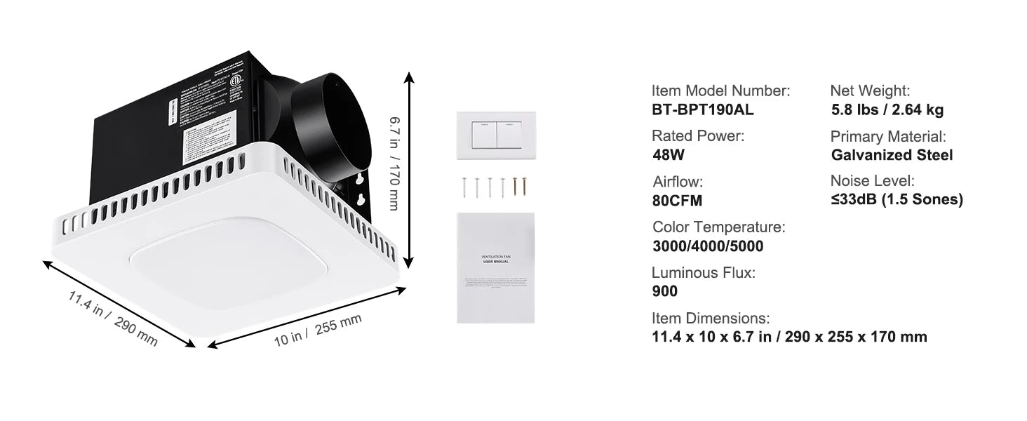 SucceBuy Bathroom Exhaust Fan 80/110CFM High-Efficiency Ventilation 1.5sones Low Noise Operation Energy-Saving Bathroom Ceiling