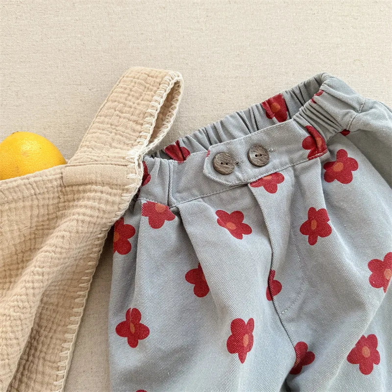 2026 Spring New Children Casual Pants Fashion Flower Print Girls Harem Pants Cotton Kids Loose Trousers Boys Cute Baby Clothes