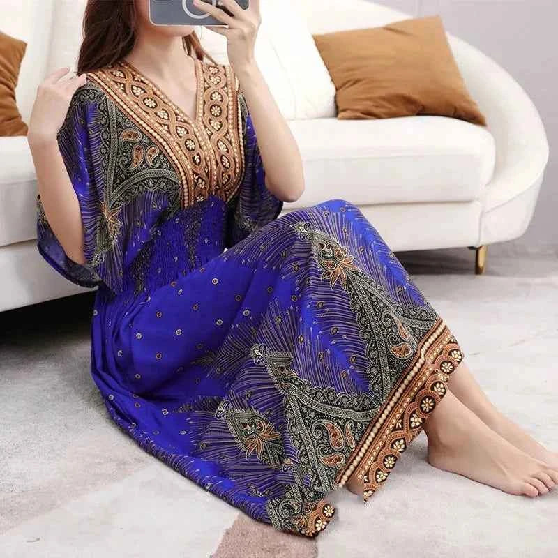 Colorful Flower V-neck Elastic Youthful Bohemian Sweet Midi Dress Woman Clothes Chic Fashion Summer Dresses 2025 Large Swing Ski