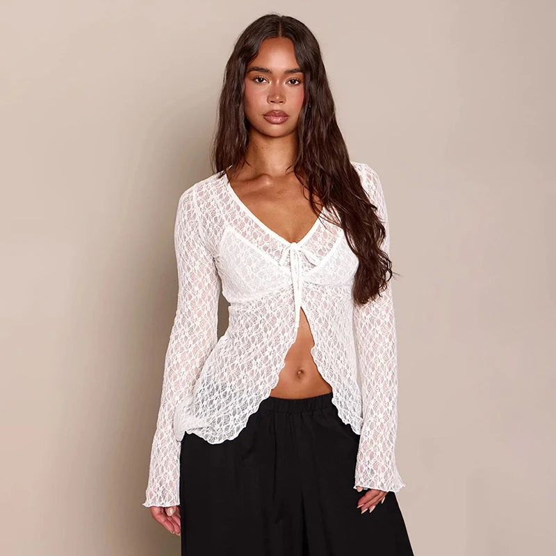 French style pure desire V-neck lace long sleeved shirt, slimming and versatile, long sleeved top