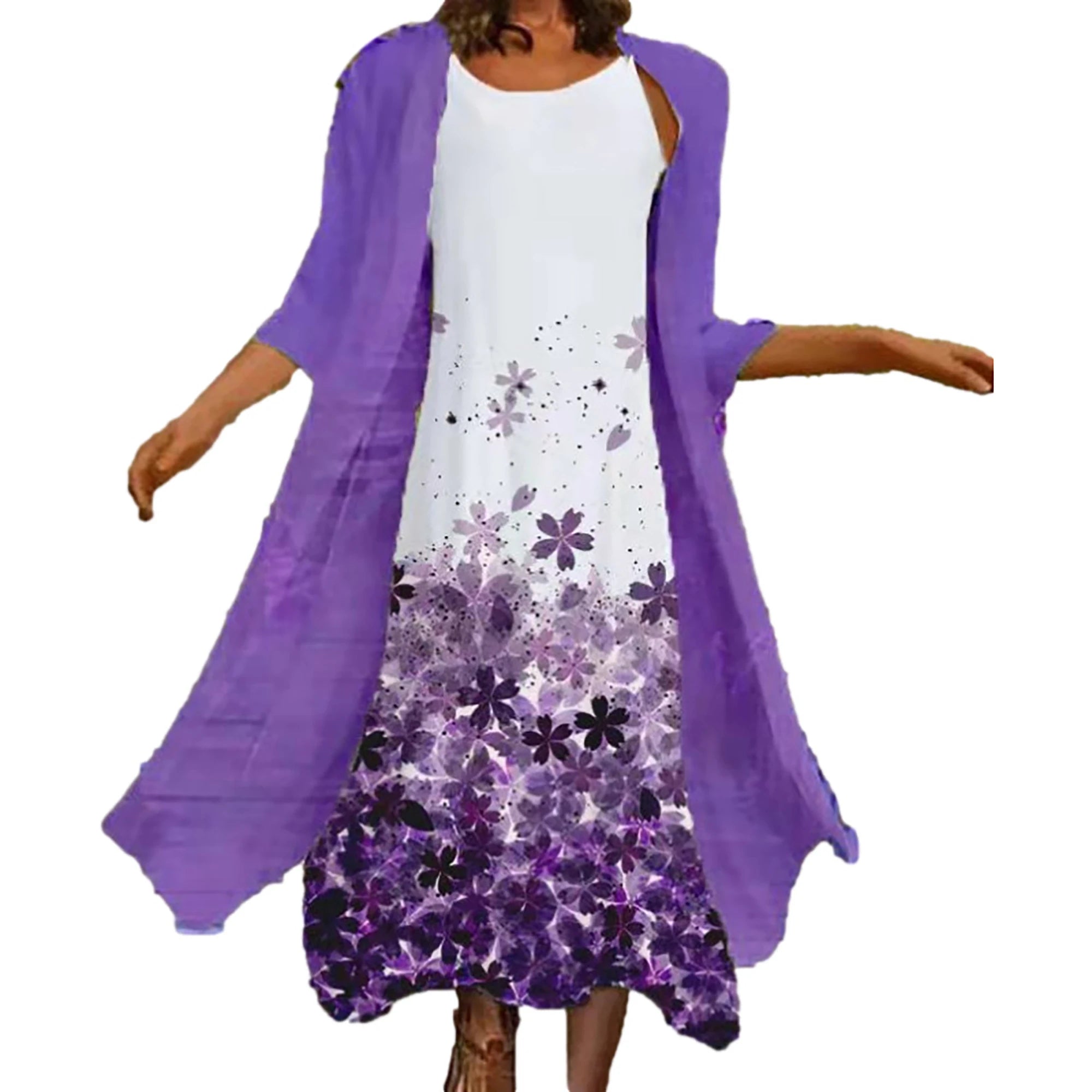 2024 Europe and the United States spring and summer new women's two-piece set of printed round neck long skirt chiffon pocket ou