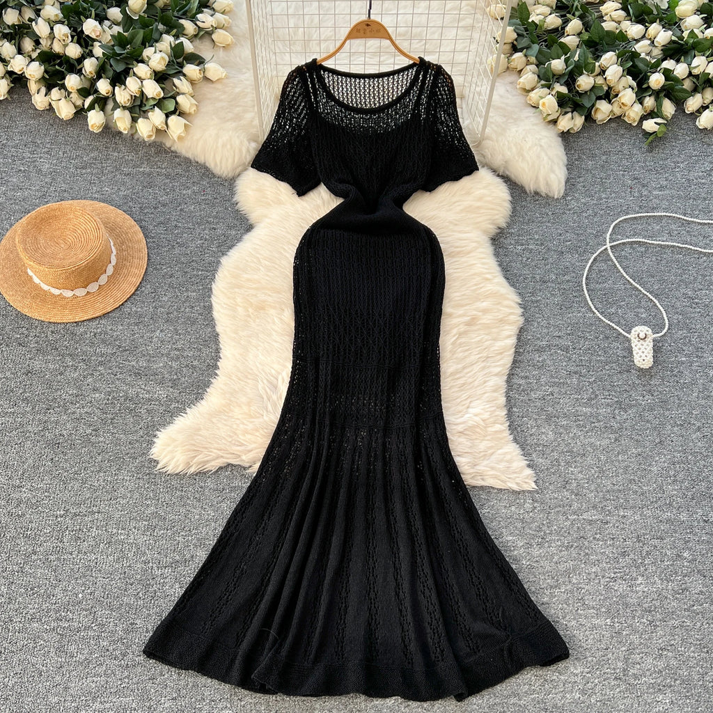 Women Hollow Knitted Dress Summer Flower Short Sleeved Fishtail Bodycon Dress with Camisole Dresses Vintage Party Long Robe