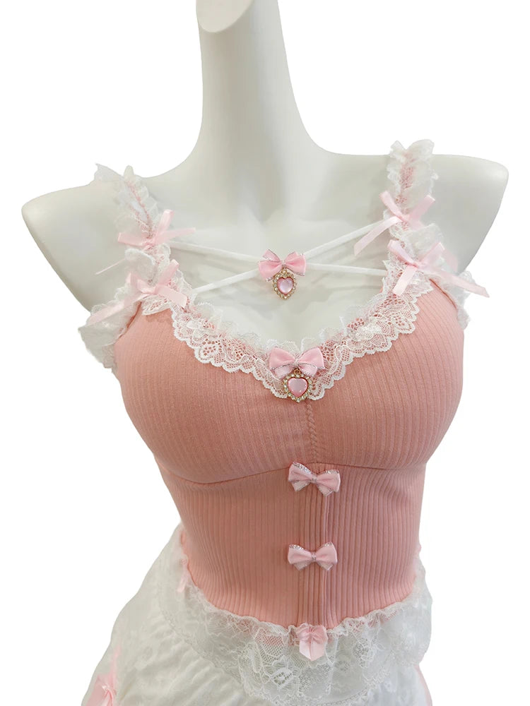 Sweet Crop Top Women Lace Trim Cotton Cropped Bows Bead Decoration Pink White Cute Camis Sweet Girls Lolita Style Kawaii Clothes